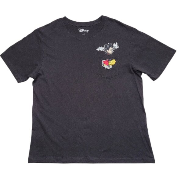 Disney Mickey Mouse Pocket T-shirt Embroidered Mickey Mouse Black Large - Picture 1 of 8